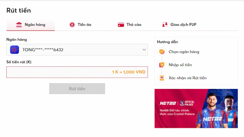 Rút tiền tại Net88 chỉ mất từ 3-5 phút